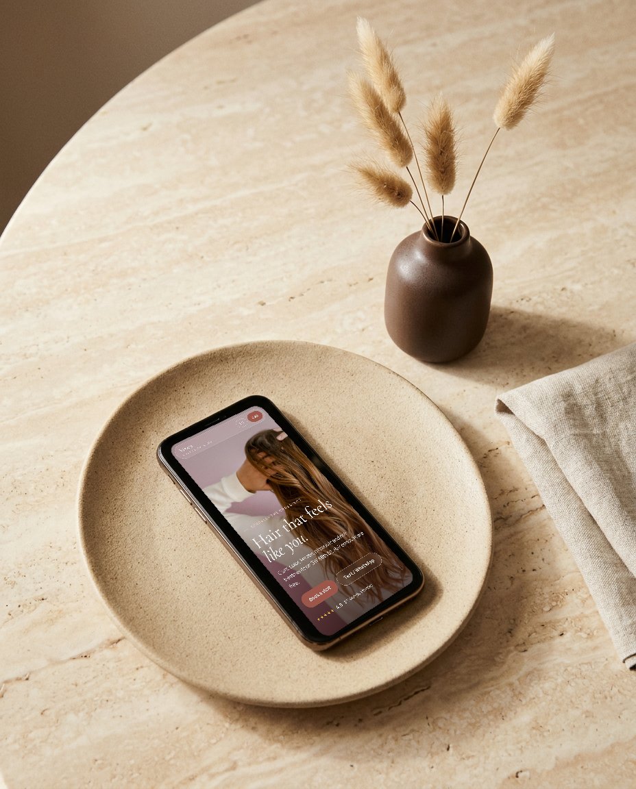 A phone on a stoneware plate showing a salon website on its screen